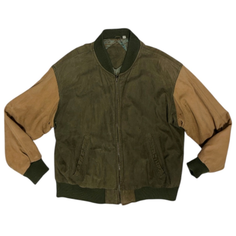 Vintage 90s Two Toned Tan and Green Leather Full Zip Varsity Bomber Jacket. Sz M